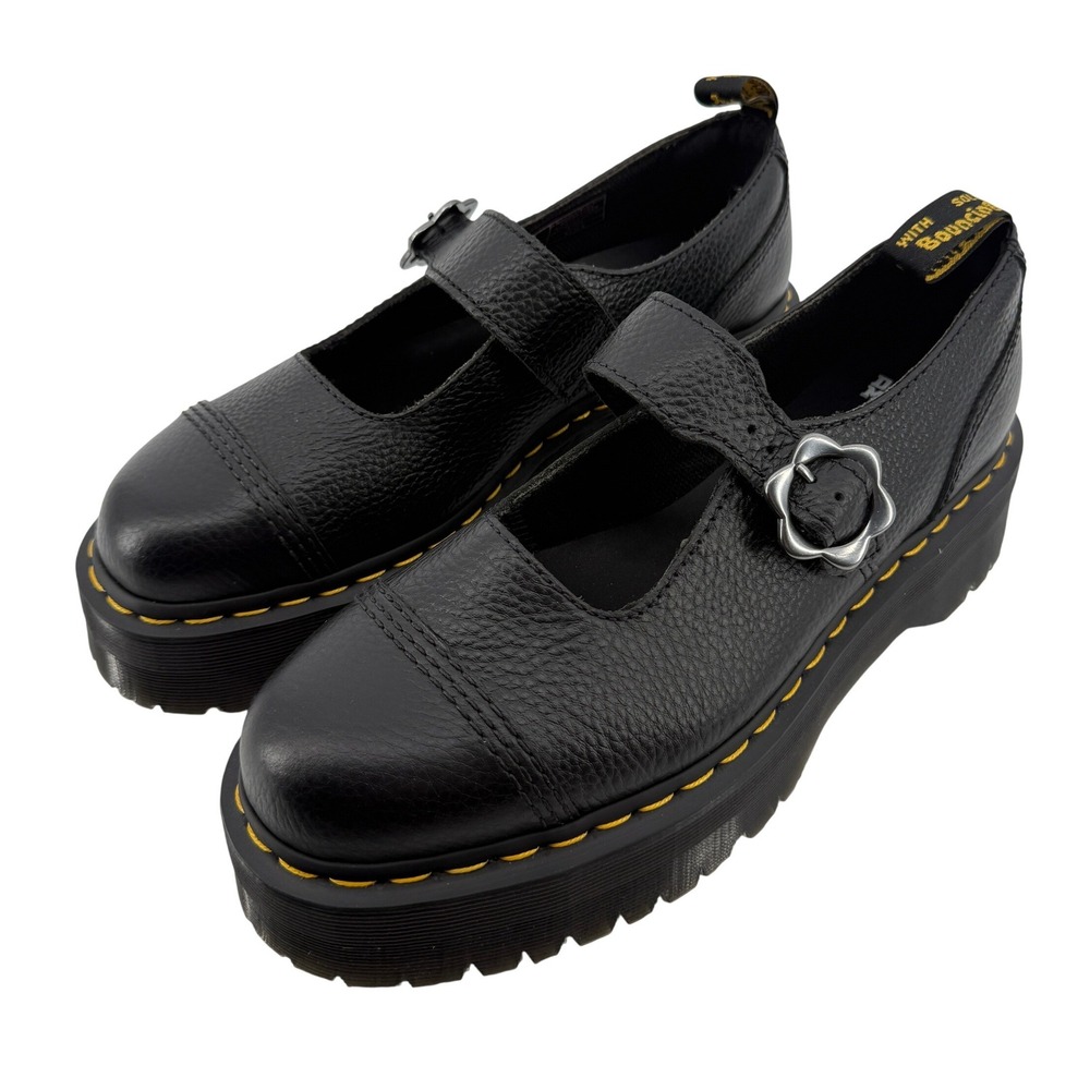 Dr. Martens Addina Flower Buckle Leather Platform Shoes Black Women 11 Mary Jane